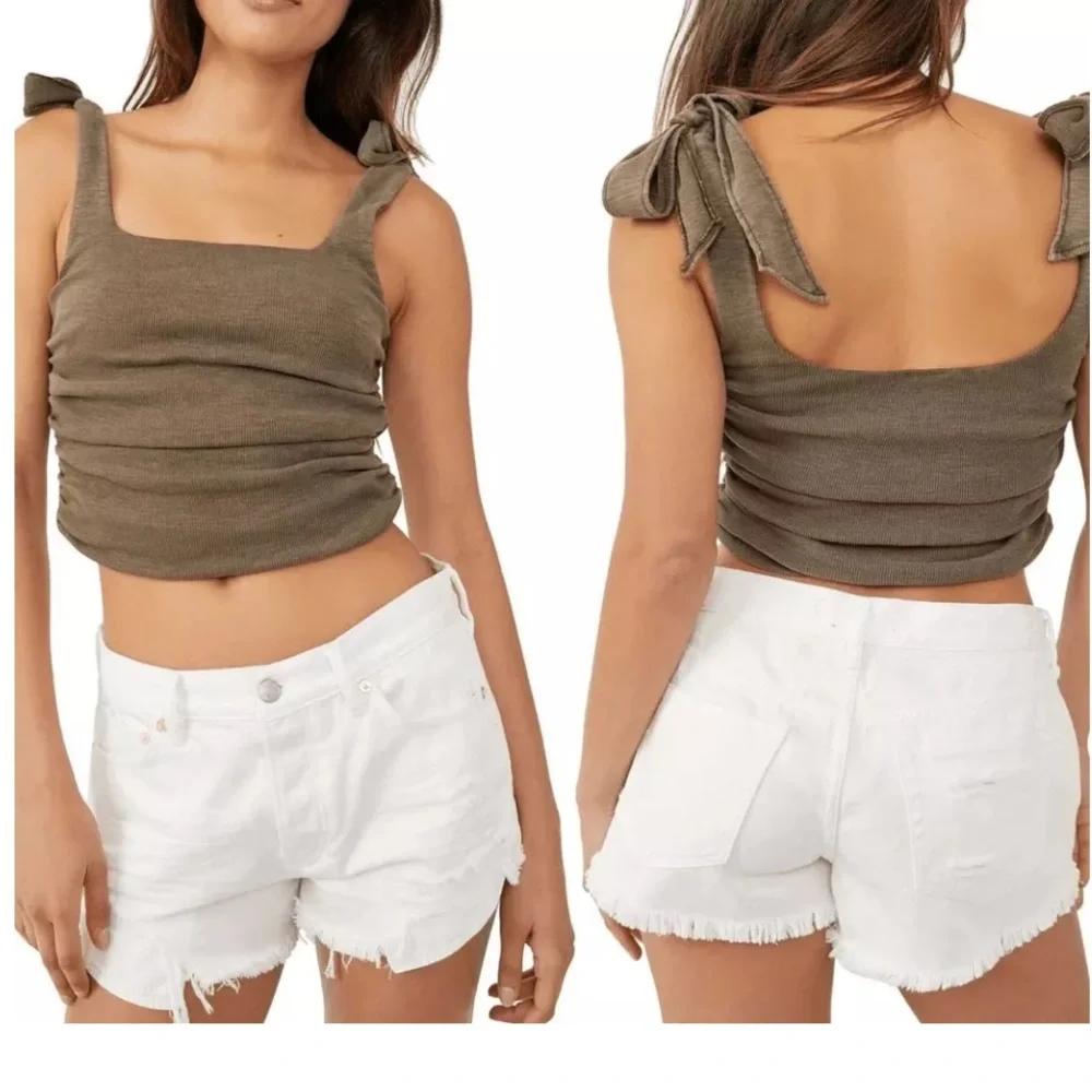 Free People Boulevard ruched cropped tie shoulder tank olive green